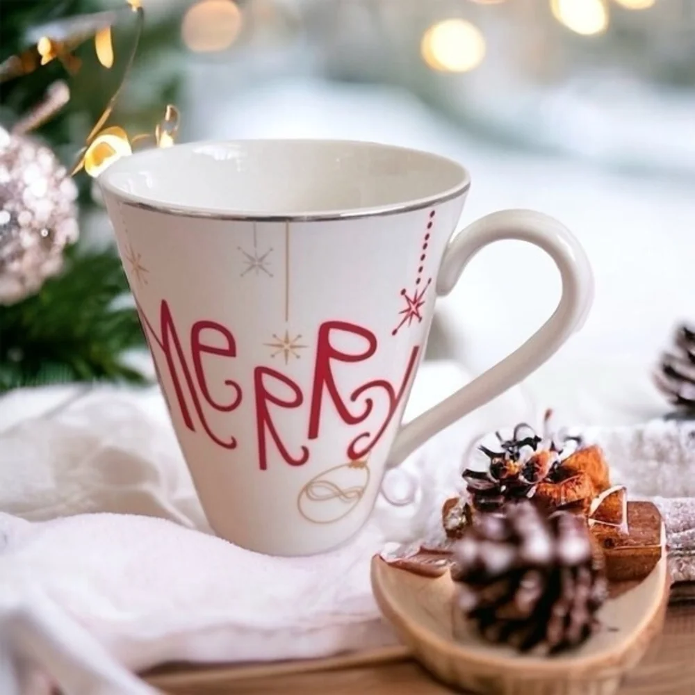 Lenox Porcelain Christmas Mug Eat Drink Be Merry 10oz Red White Gold Holiday EXC